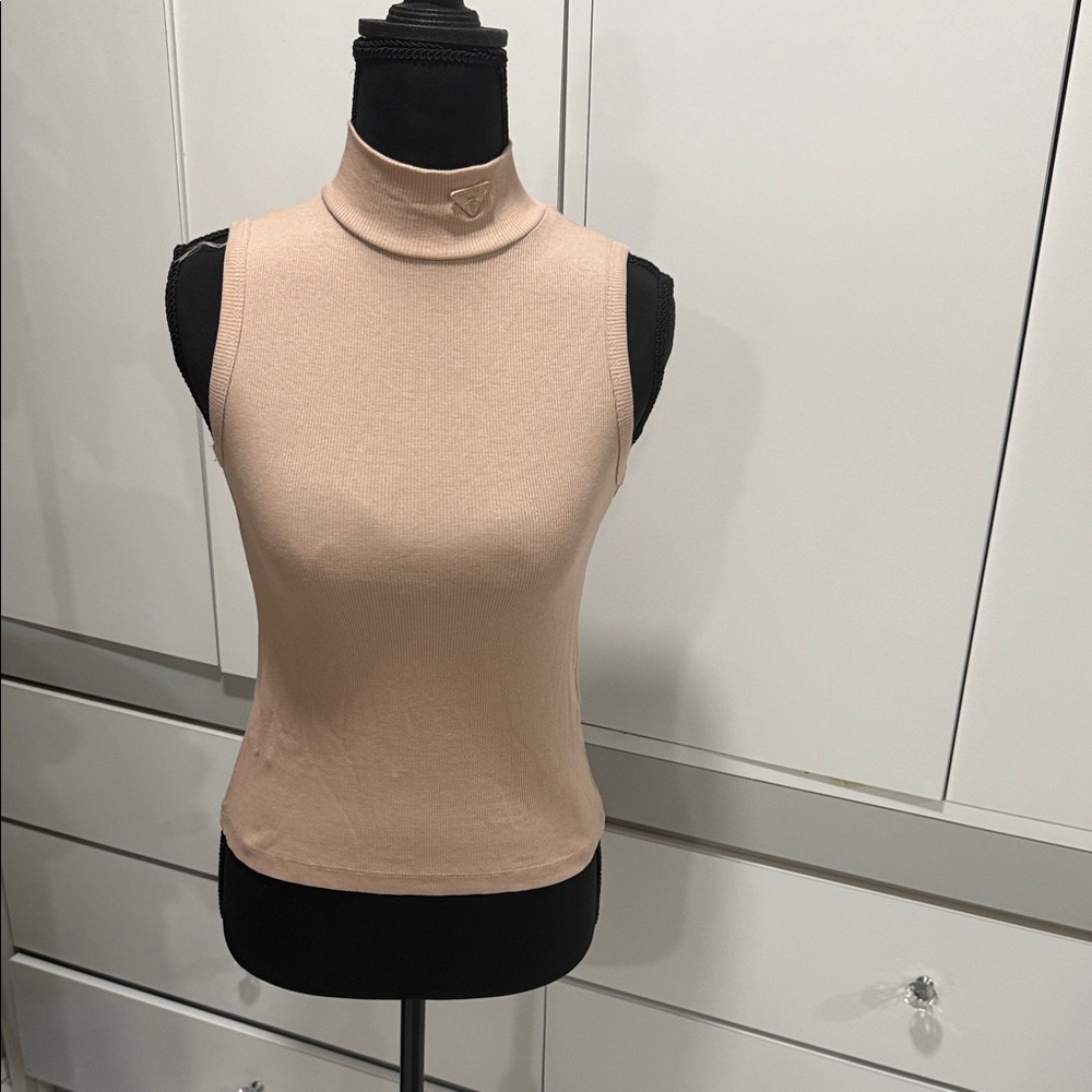 Elegant Sleeveless Beige Turtleneck Top